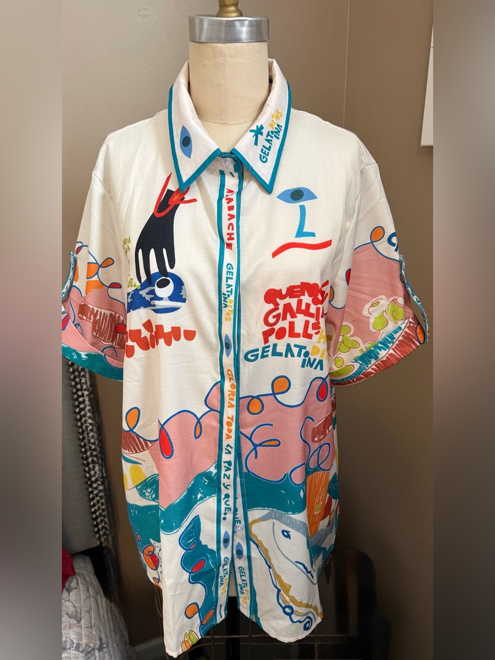 Multicolor Graphic Short-Sleeve Shirt - White/Teal/Pink